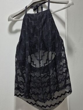 Kona Sol Black Crochet Asymmetrical Swim Cover-Up